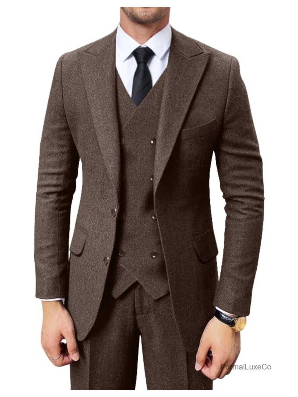 Retro 3 Piece Herringbone Tweed Suit Men Prom Tuxedo Formal